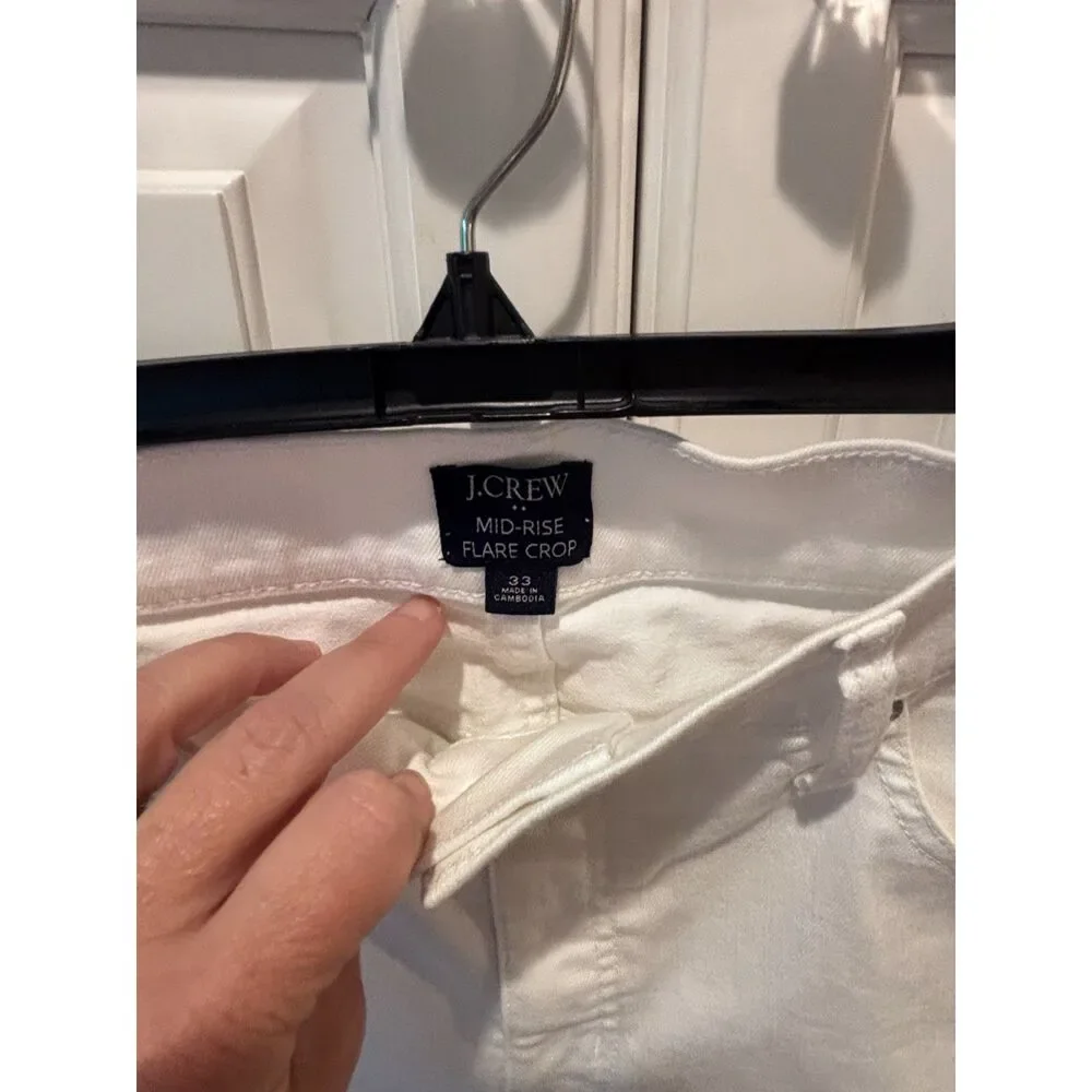 J.Crew Mid Rise Flare Crop Jeans White Raw Hem Stretch Denim Women's Size 33
